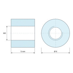 Disegno quotato 5 mm, Distanziatore tondo filettato femmina/femmina in poliammide PA6 rinforzata con fibra di vetro bianco UL94-V2 M3 - Ø6 mm