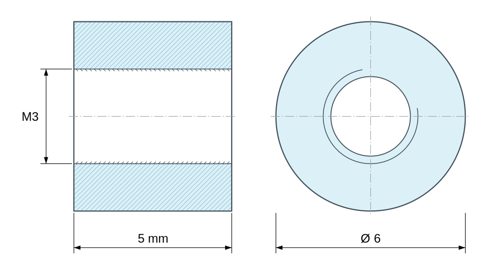 Disegno quotato Distanziatore tondo filettato femmina/femmina in poliammide PA6 rinforzata con fibra di vetro bianco UL94-V2 M3 - Ø6 mm
