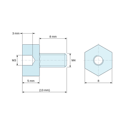 Disegno quotato 5 mm / 8 mm, Distanziatore esagonale filettato maschio/femmina in poliammide PA6.6 M3 / M4 - chiave da 8 mm