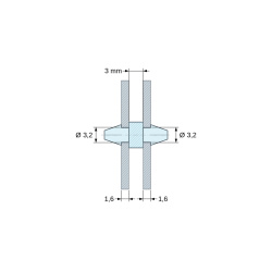 Disegno quotato 3 mm, Supporto PCB a doppio scatto, poliammide PA6.6 naturale UL94-V2, foro PCB Ø3,2 mm, PCB 1,6 mm