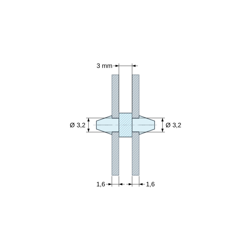 Disegno quotato 3 mm, Supporto PCB a doppio scatto, poliammide PA6.6 naturale UL94-V2, foro PCB Ø3,2 mm, PCB 1,6 mm