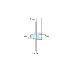 Disegno quotato 5 mm, Supporto PCB a scatto, filettatura interna M3, poliammide PA6.6 nera UL94-HB, foro PCB Ø4 mm, PCB 1,6 mm