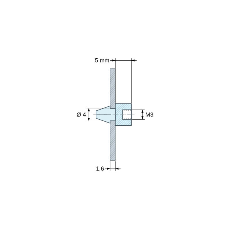 Disegno quotato 5 mm, Supporto PCB a scatto, filettatura interna M3, poliammide PA6.6 nera UL94-HB, foro PCB Ø4 mm, PCB 1,6 mm