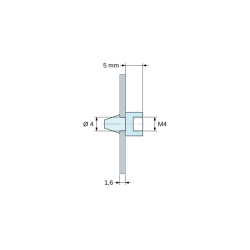 Disegno quotato 5 mm, Supporto PCB a scatto, filettatura interna M4, poliammide PA6.6 nera UL94-HB, foro PCB Ø4 mm, PCB 1,6 mm