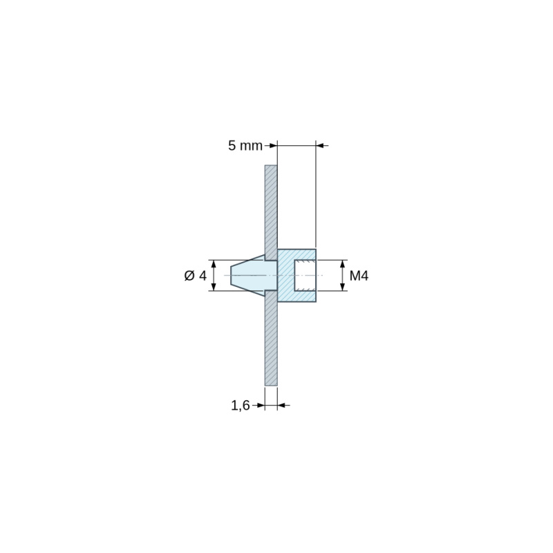 Disegno quotato 5 mm, Supporto PCB a scatto, filettatura interna M4, poliammide PA6.6 nera UL94-HB, foro PCB Ø4 mm, PCB 1,6 mm