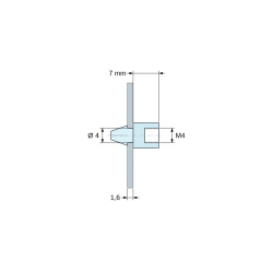 Disegno quotato 7 mm, Supporto PCB a scatto, filettatura interna M4, poliammide PA6.6 nera UL94-HB, foro PCB Ø4 mm, PCB 1,6 mm