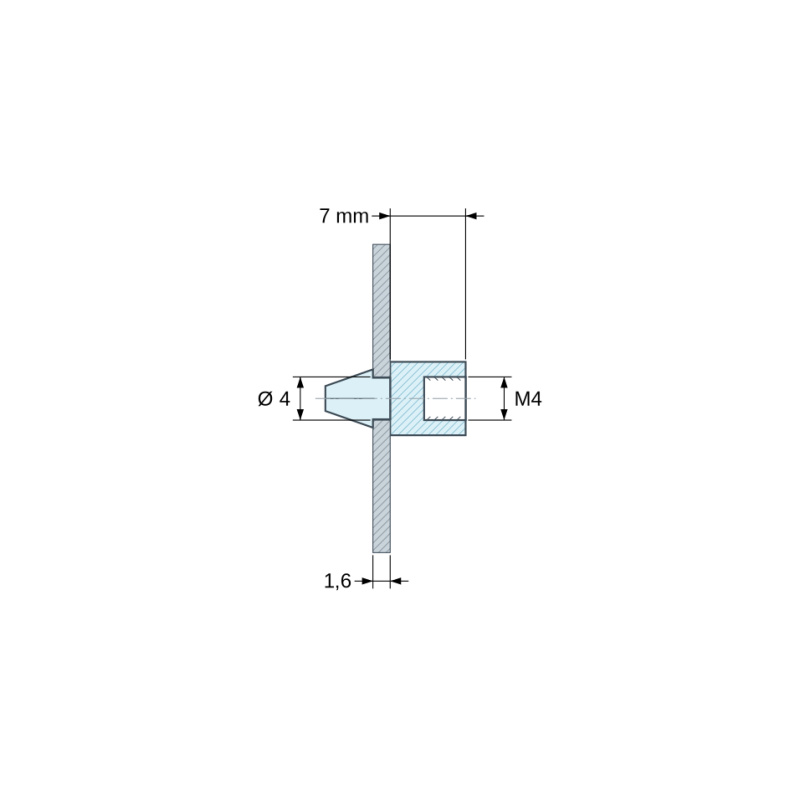 Disegno quotato 7 mm, Supporto PCB a scatto, filettatura interna M4, poliammide PA6.6 nera UL94-HB, foro PCB Ø4 mm, PCB 1,6 mm