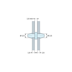 Disegno quotato 1,6 mm, Supporto PCB a doppio scatto, poliammide PA6.6 naturale UL94-V2, foro PCB Ø2,5 mm, PCB 1,6 mm