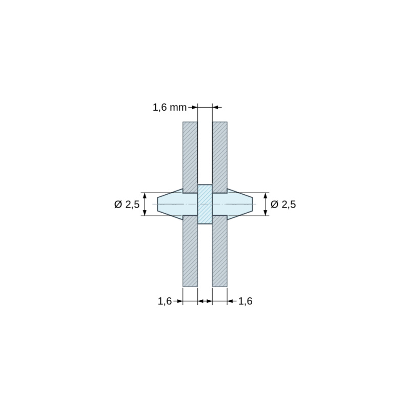Disegno quotato 1,6 mm, Supporto PCB a doppio scatto, poliammide PA6.6 naturale UL94-V2, foro PCB Ø2,5 mm, PCB 1,6 mm
