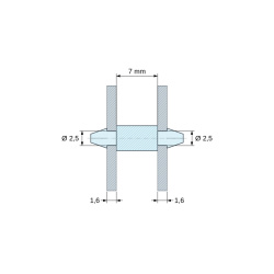 Disegno quotato 7 mm, Supporto PCB a doppio scatto, poliammide PA6.6 naturale UL94-V2, foro PCB Ø2,5 mm, PCB 1,6 mm