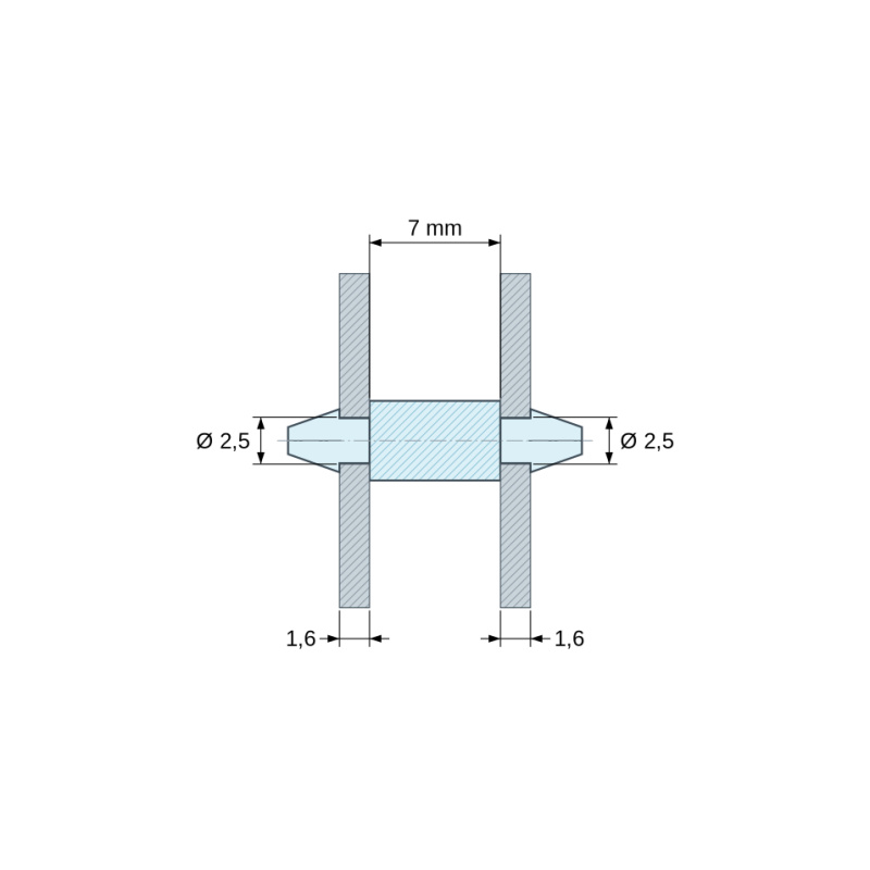 Disegno quotato 7 mm, Supporto PCB a doppio scatto, poliammide PA6.6 naturale UL94-V2, foro PCB Ø2,5 mm, PCB 1,6 mm