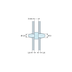 Disegno quotato 3 mm, Supporto PCB a doppio scatto, poliammide PA6.6 nera UL94-HB, PCB Ø2,5 mm 1,6 mm / telaio Ø3 mm 1,6 mm