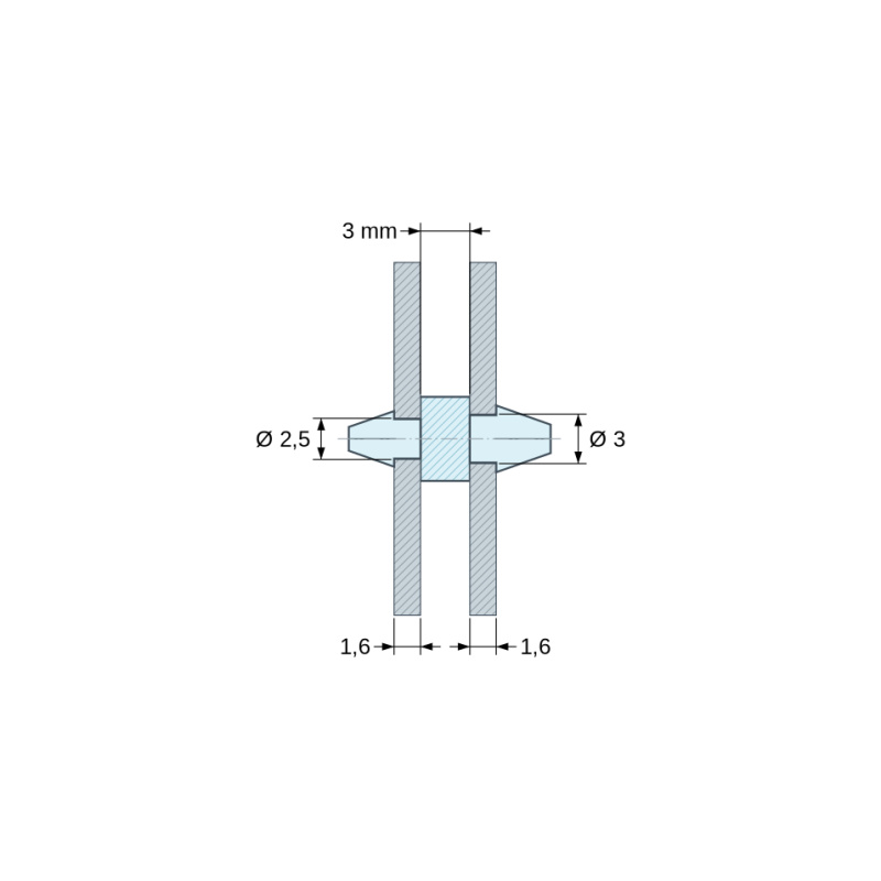 Disegno quotato 3 mm, Supporto PCB a doppio scatto, poliammide PA6.6 nera UL94-HB, PCB Ø2,5 mm 1,6 mm / telaio Ø3 mm 1,6 mm