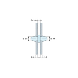 Disegno quotato 2 mm, Supporto PCB a doppio scatto, poliammide PA6.6 naturale UL94-V2, foro PCB Ø3,5 mm, PCB 1,6 mm