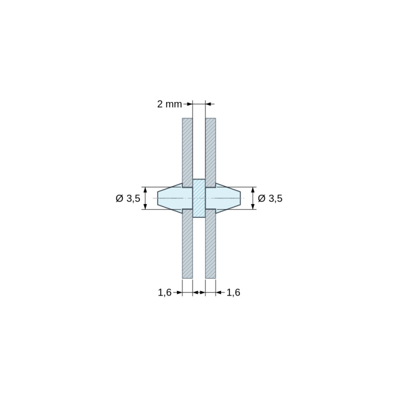 Disegno quotato 2 mm, Supporto PCB a doppio scatto, poliammide PA6.6 naturale UL94-V2, foro PCB Ø3,5 mm, PCB 1,6 mm