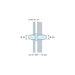 Disegno quotato 2 mm, Supporto PCB a doppio scatto, poliammide PA6.6 naturale UL94-V2, PCB Ø3,5 mm 1,6 mm / telaio Ø3,5 mm 3,6 mm