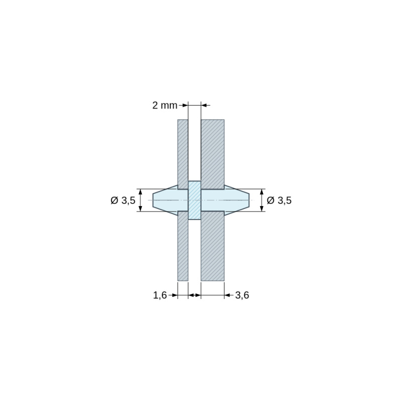 Disegno quotato 2 mm, Supporto PCB a doppio scatto, poliammide PA6.6 naturale UL94-V2, PCB Ø3,5 mm 1,6 mm / telaio Ø3,5 mm 3,6 mm