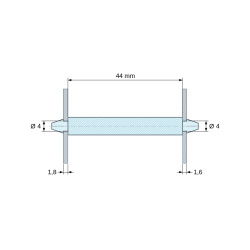 Disegno quotato 44 mm, Supporto PCB a doppio scatto, poliammide PA6.6 nera UL94-HB, PCB Ø4 mm 1,8 mm / telaio Ø4 mm 1,6 mm