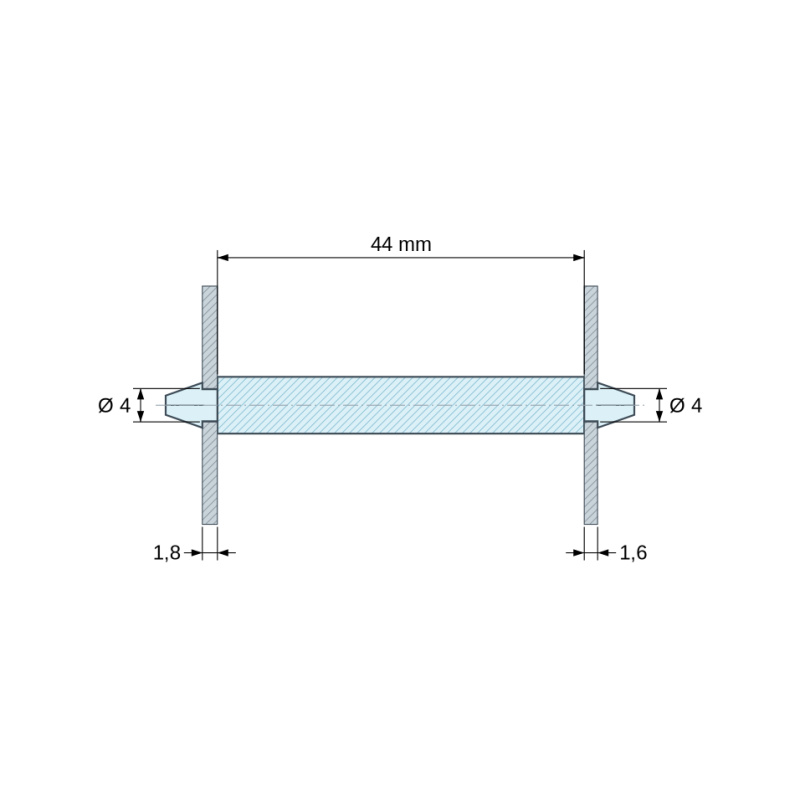 Disegno quotato 44 mm, Supporto PCB a doppio scatto, poliammide PA6.6 nera UL94-HB, PCB Ø4 mm 1,8 mm / telaio Ø4 mm 1,6 mm