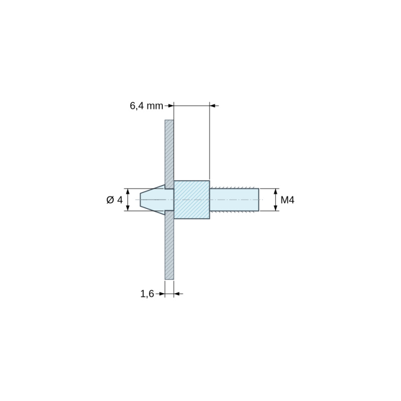 Disegno quotato 6,4 mm, Supporto PCB a scatto, gambo filettato M4, poliammide PA6.6 naturale UL94-V0, foro PCB Ø4 mm, PCB 1,6 mm