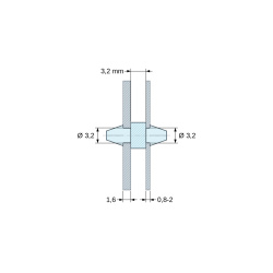 Disegno quotato 3,2 mm, Supporto PCB a doppio scatto, poliammide PA6.6 naturale UL94-V2, PCB Ø3,2 mm 1,6 mm / telaio Ø3,2 mm 0,8–2 mm