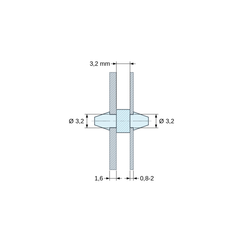 Disegno quotato 3,2 mm, Supporto PCB a doppio scatto, poliammide PA6.6 naturale UL94-V2, PCB Ø3,2 mm 1,6 mm / telaio Ø3,2 mm 0,8–2 mm
