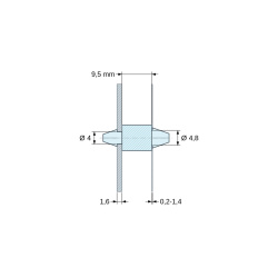 Disegno quotato 9,5 mm, Supporto PCB a doppio scatto, poliammide PA6.6 naturale UL94-V2, PCB Ø4 mm 1,6 mm / telaio Ø4,8 mm 0,2–1,4 mm