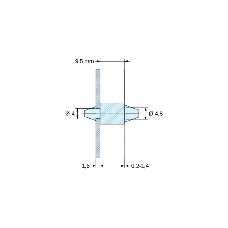 Disegno quotato 9,5 mm, Supporto PCB a doppio scatto, poliammide PA6.6 naturale UL94-V2, PCB Ø4 mm 1,6 mm / telaio Ø4,8 mm 0,2–1,4 mm