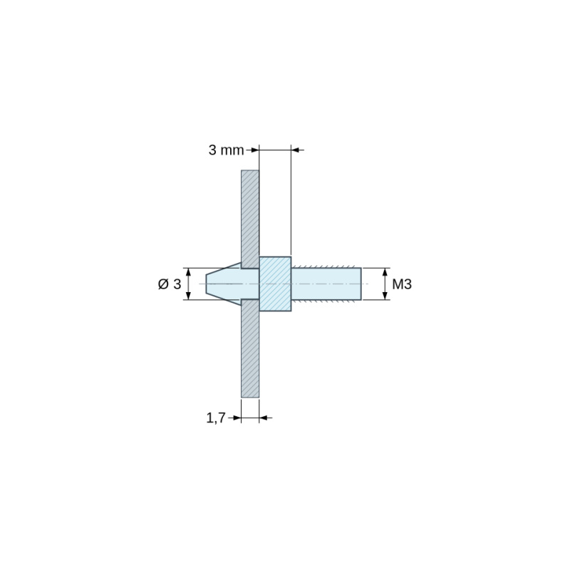 Disegno quotato 3 mm, Supporto per circuito stampato a scatto, filettato M3, nylon PA6.6 nero UL94-HB, foro Ø3 mm, circuito 1,7 mm