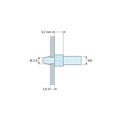Disegno quotato 3,2 mm, Supporto per circuito stampato a scatto, filettato M3, nylon PA6.6 naturale UL94-V2, foro Ø2,5 mm, circuito 1,6 mm