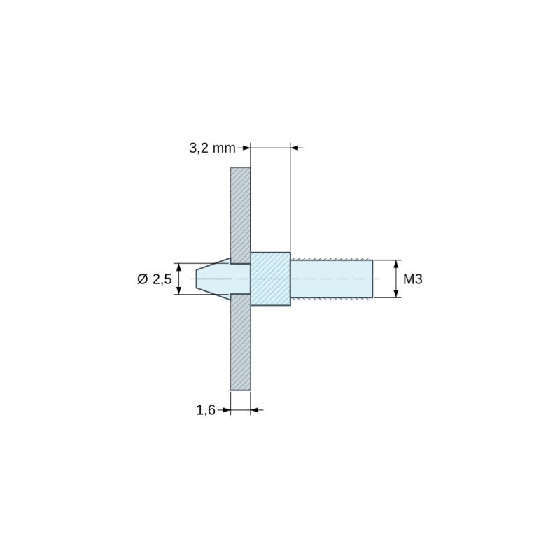 Disegno quotato 3,2 mm, Supporto per circuito stampato a scatto, filettato M3, nylon PA6.6 naturale UL94-V2, foro Ø2,5 mm, circuito 1,6 mm