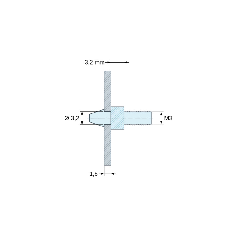 Disegno quotato 3,2 mm, Supporto per circuito stampato a scatto, filettato M3, nylon PA6.6 naturale UL94-V2, foro Ø3,2 mm, circuito 1,6 mm