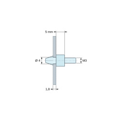 Disegno quotato 5 mm, Supporto per circuito stampato a scatto, filettato M3, nylon PA6.6 nero UL94-HB, foro Ø4 mm, circuito 1,8 mm