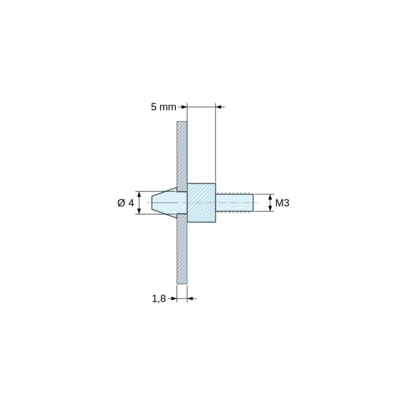 Disegno quotato 5 mm, Supporto per circuito stampato a scatto, filettato M3, nylon PA6.6 nero UL94-HB, foro Ø4 mm, circuito 1,8 mm