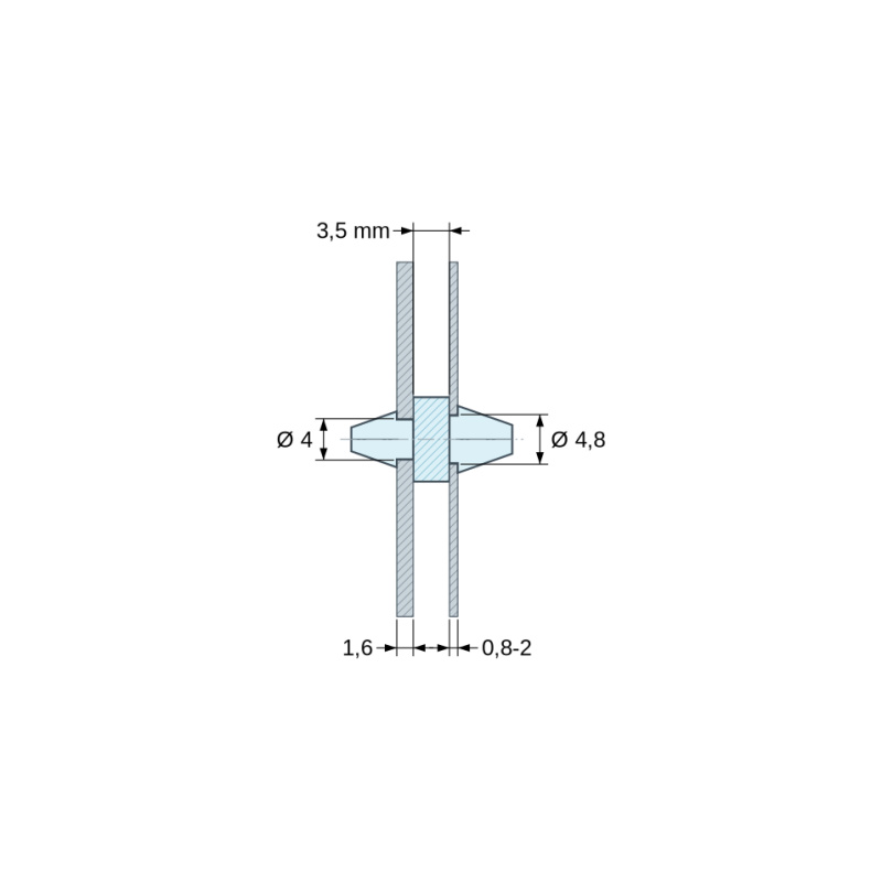Disegno quotato 3,5 mm, Supporto PCB a doppio innesto, Poliammide PA6.6, naturale, UL94-V2, PCB Ø4/1,6 mm / CH Ø4,8/0,8–2 mm