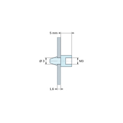 Disegno quotato 5 mm, Supporto per circuito stampato a scatto, con filettatura interna M3, nylon PA6.6 nero UL94-HB, foro Ø3 mm, circuito 1,6 mm