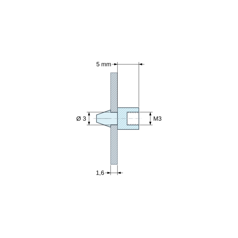 Disegno quotato 5 mm, Supporto per circuito stampato a scatto, con filettatura interna M3, nylon PA6.6 nero UL94-HB, foro Ø3 mm, circuito 1,6 mm