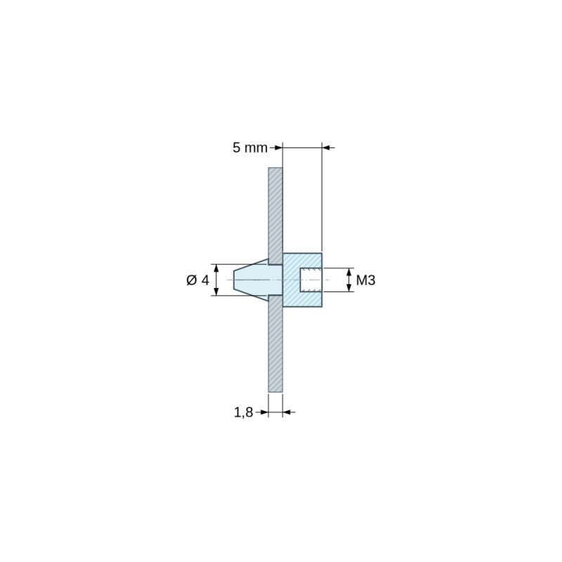 Disegno quotato 5 mm, Supporto per circuito stampato a scatto, con filettatura interna M3, nylon PA6.6 nero UL94-HB, foro Ø4 mm, circuito 1,8 mm