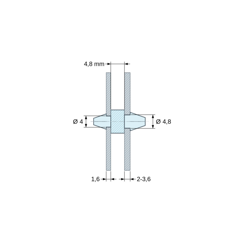 Disegno quotato 4,8 mm, Supporto PCB a doppio innesto, Poliammide PA6.6, naturale, UL94-V2, PCB Ø4/1,6 mm / CH Ø4,8/2–3,6 mm