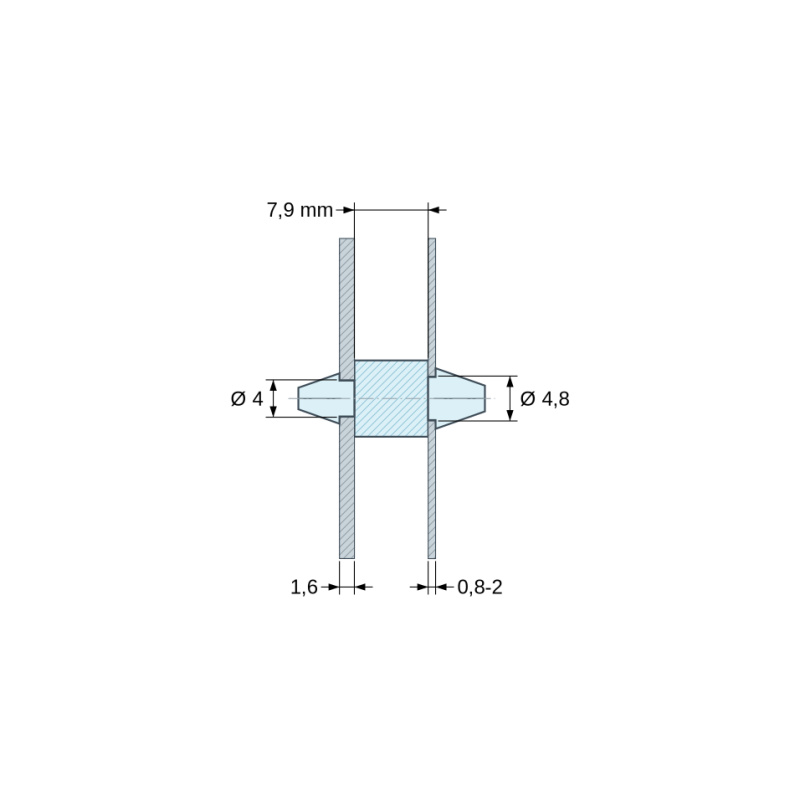 Disegno quotato 7,9 mm, Supporto PCB a doppio innesto, Poliammide PA6.6, naturale, UL94-V0, PCB Ø4/1,6 mm / CH Ø4,8/0,8–2 mm