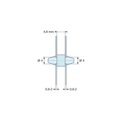 Disegno quotato 4,8 mm, Supporto PCB a doppio innesto, PA6.6 naturale, UL94-V2, foro PCB Ø4 mm, spessore PCB 0,8–2 mm