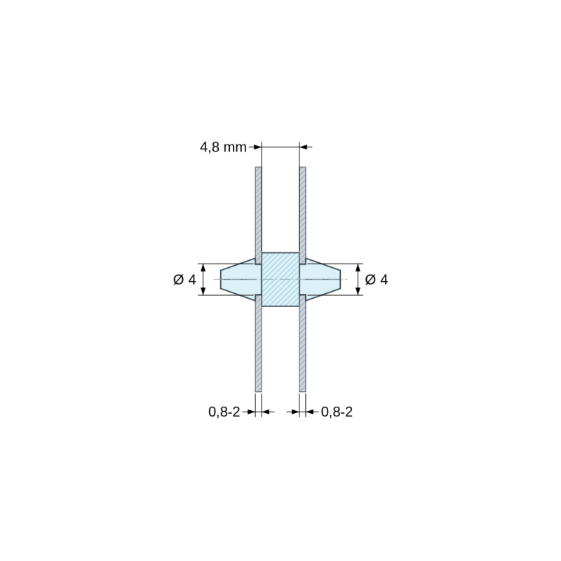 Disegno quotato 4,8 mm, Supporto PCB a doppio innesto, PA6.6 naturale, UL94-V2, foro PCB Ø4 mm, spessore PCB 0,8–2 mm