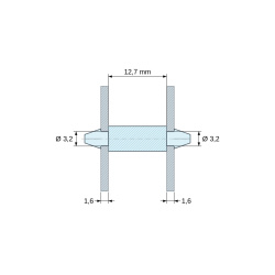 Disegno quotato 12,7 mm, Supporto PCB a doppio innesto, PA6.6 naturale, UL94-V0, foro PCB Ø3,2 mm, spessore PCB 1,6 mm