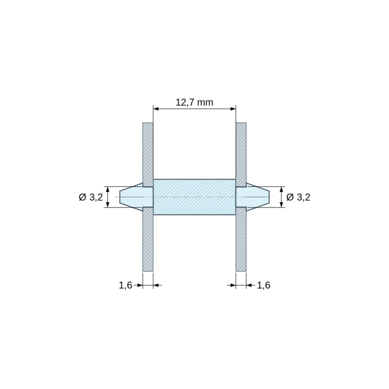 Disegno quotato 12,7 mm, Supporto PCB a doppio innesto, PA6.6 naturale, UL94-V0, foro PCB Ø3,2 mm, spessore PCB 1,6 mm