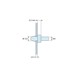 Disegno quotato 3,2 mm, Supporto per circuito stampato a scatto, filettato M3, nylon PA6.6 naturale UL94-V2, foro Ø3,9 mm, circuito 1,6 mm