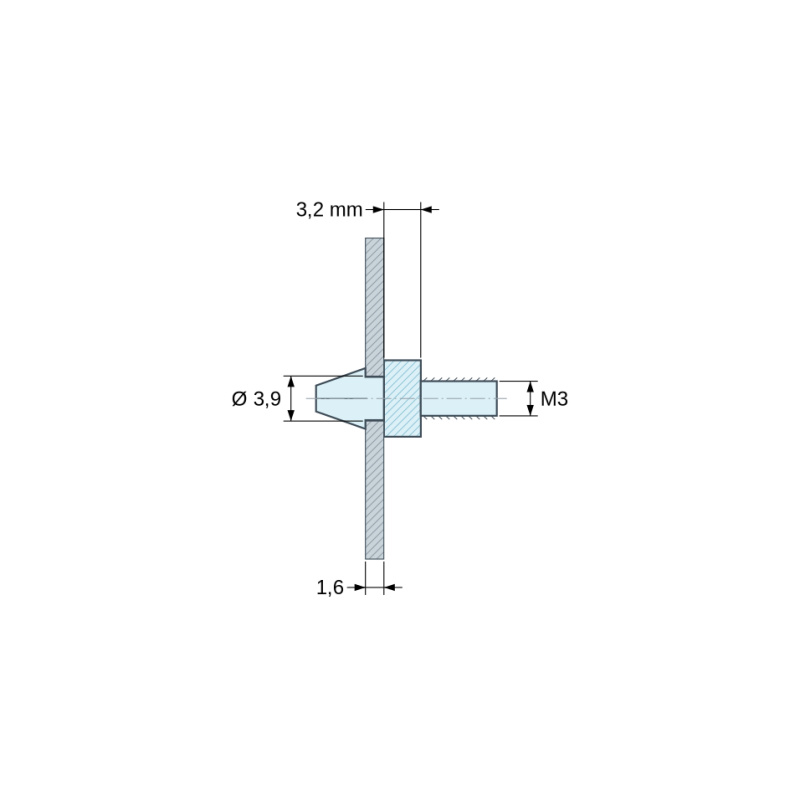 Disegno quotato 3,2 mm, Supporto per circuito stampato a scatto, filettato M3, nylon PA6.6 naturale UL94-V2, foro Ø3,9 mm, circuito 1,6 mm