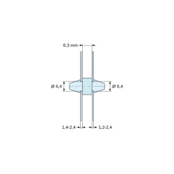 Disegno quotato 6,3 mm, Supporto PCB a doppio innesto, Policarbonato PC, nero, UL94-V2, PCB Ø6,4/1,4-2,4 mm / CH Ø6,4/1,2-2,4 mm