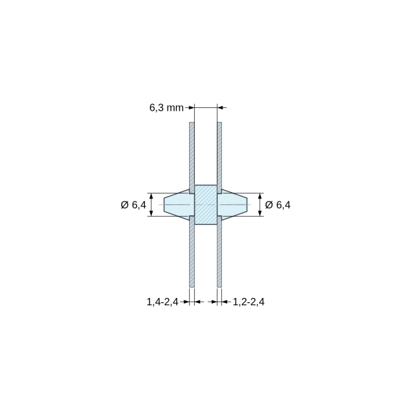 Disegno quotato 6,3 mm, Supporto PCB a doppio innesto, Policarbonato PC, nero, UL94-V2, PCB Ø6,4/1,4-2,4 mm / CH Ø6,4/1,2-2,4 mm