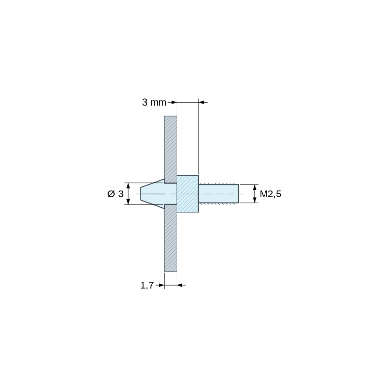Disegno quotato 3 mm, Supporto per circuito stampato a scatto, filettato M2,5, nylon PA6.6 nero UL94-HB, foro Ø3 mm, circuito 1,7 mm
