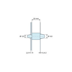 Disegno quotato 10 mm, Supporto PCB a doppio innesto, Poliammide PA6.6, naturale, UL94-V2, PCB Ø3,5/1,8 mm / CH Ø4,8/0,4–2 mm